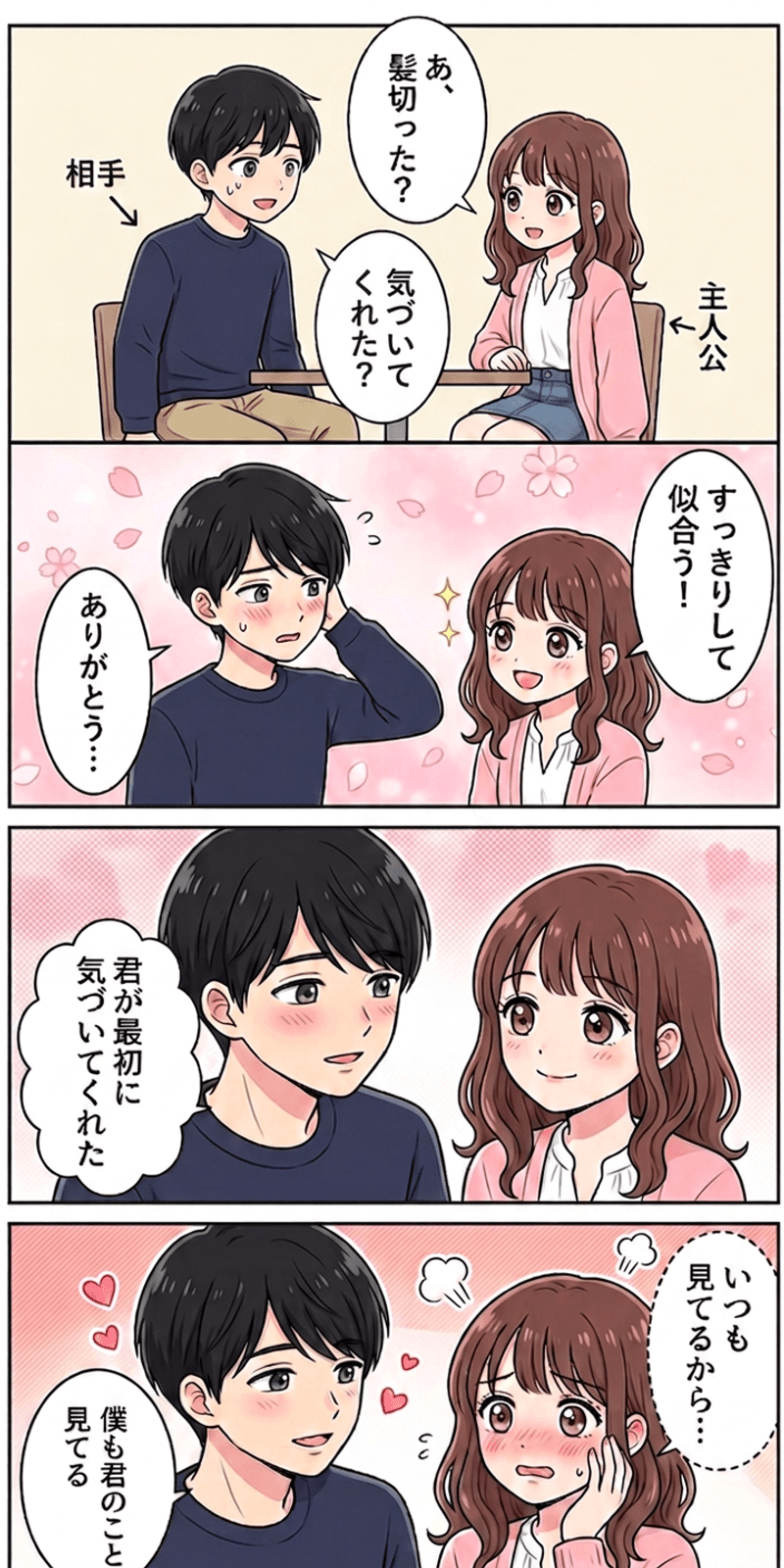 変化の見落としを恋愛シーンで解説する4コマまんが