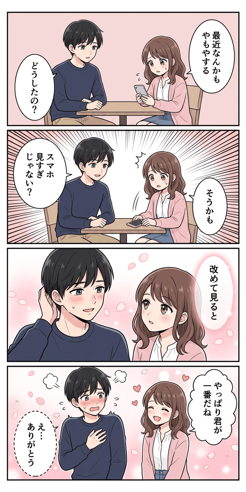 コントラスト効果を恋愛シーンで解説する4コマまんが