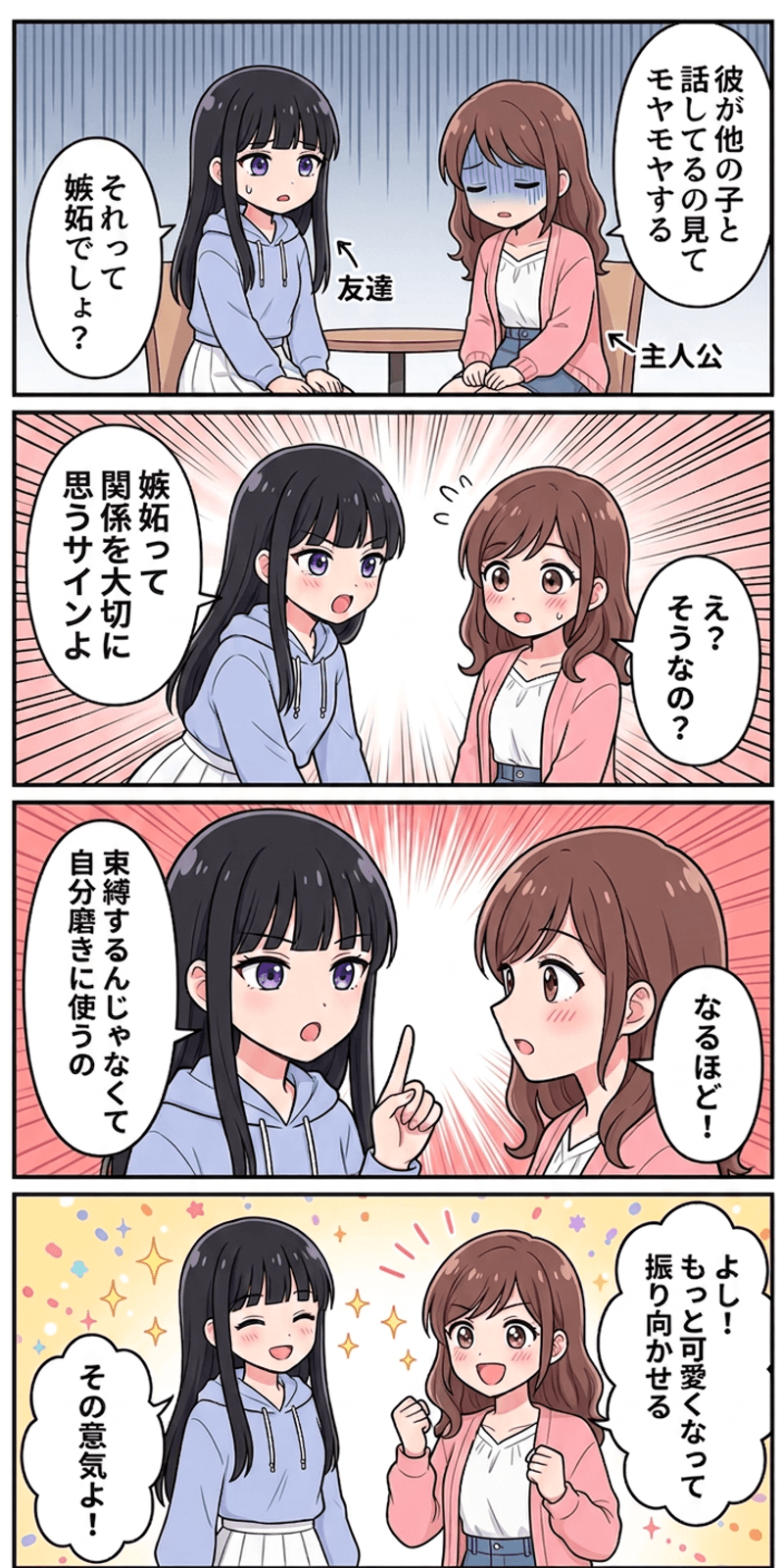 嫉妬の適応仮説を恋愛シーンで解説する4コマまんが