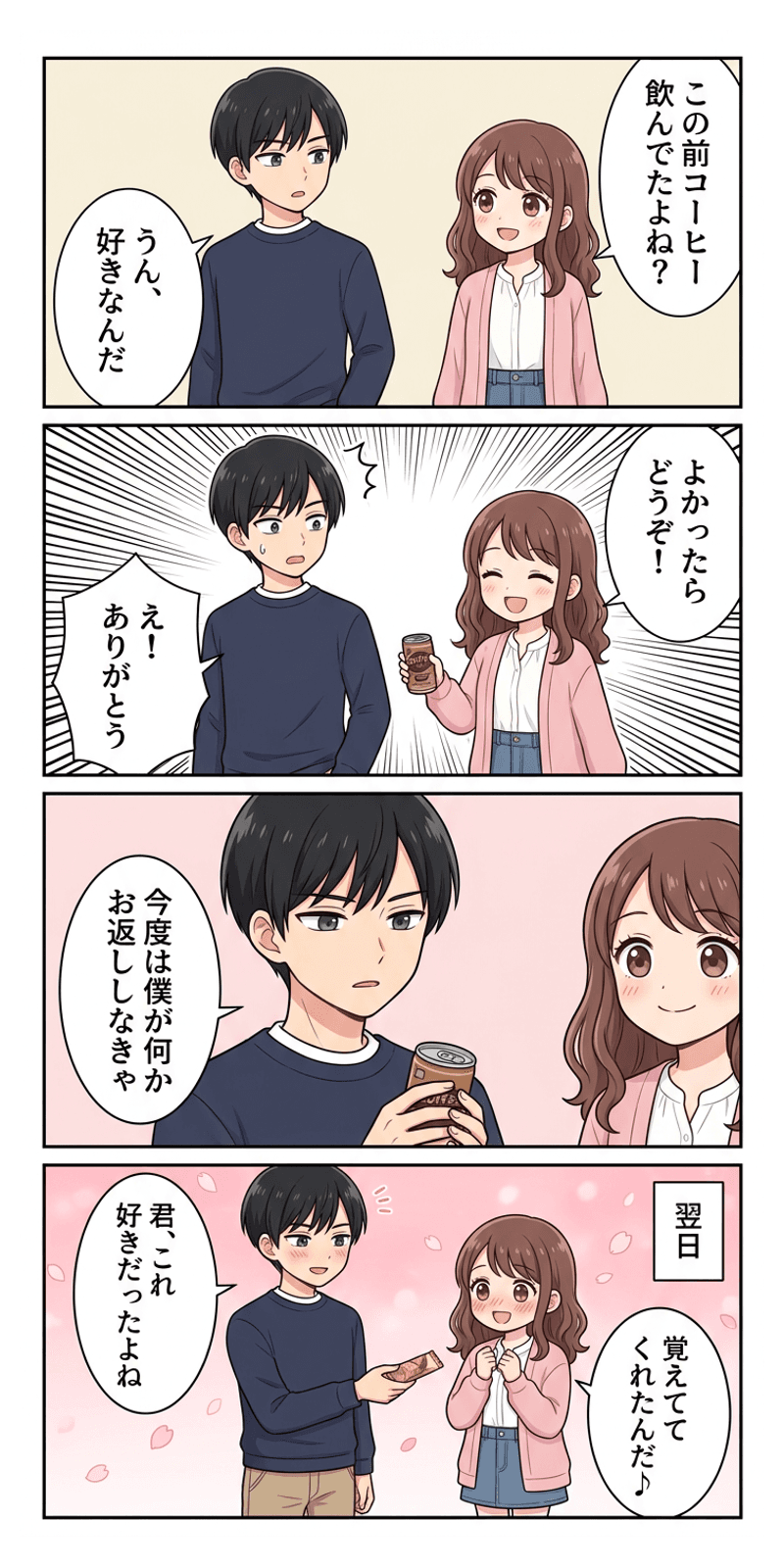 返報性の原理を恋愛シーンで解説する4コマまんが