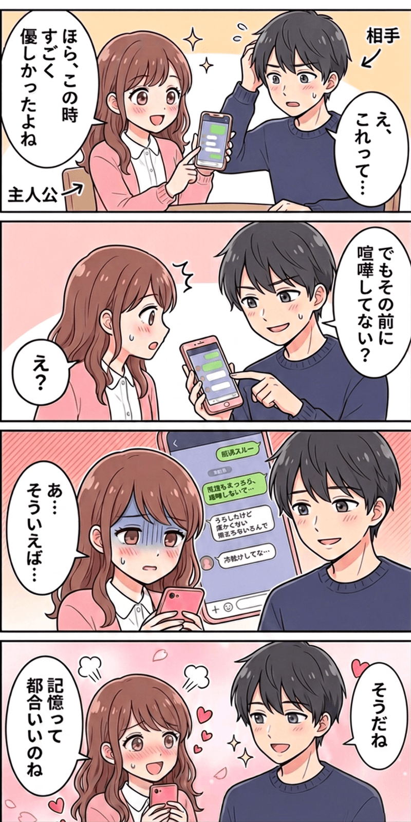 バラ色の回顧を恋愛シーンで解説する4コマまんが
